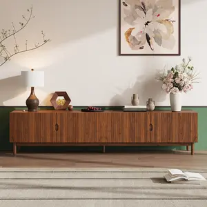 87" Modern TV Stand for TVs up to 90 Inches, Entertainment Center with 4 Storage Cabinets, Solid Wood Legs & Vertical Groove Panel Media Console for Living Room