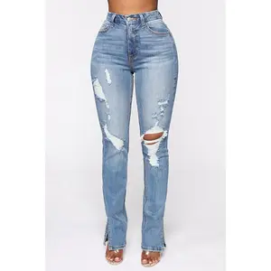 Women's Distressed Slit Jeans - Solid Style, Chic Fit, Long Length, 85% Cotton, Moderate Stretch, Machine Washable, Imported - Womenswear, Bottom Hip Pants Streetwear Trouser Comfort Denim Skinny
