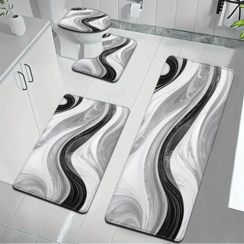 Marble Bathroom Rug Set 4 Pieces, Black White Grey Abstract Swirl Non Slip Bath Mat, Soft Absorbent Microfiber Bathroom Mats for Shower, Tub, Toilet, Bathroom Decor