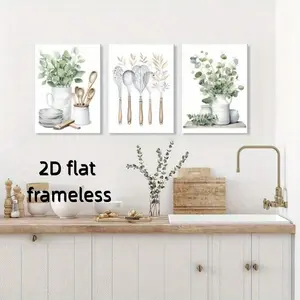 3 green plant posters, retro vase wall paintings, modern kitchen and restaurant wall decorations, 2D flat printing frameless paintings, Unframed Wall Art