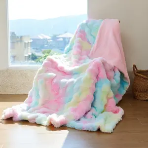 Rainbow Faux   Blanket - Colorful Tie Dye Plush Fuzzy Bed Throws for Girls Women - Warm Thick Fleece Bubble Blanket for Sofa Bedroom Living Room, 63"x79"