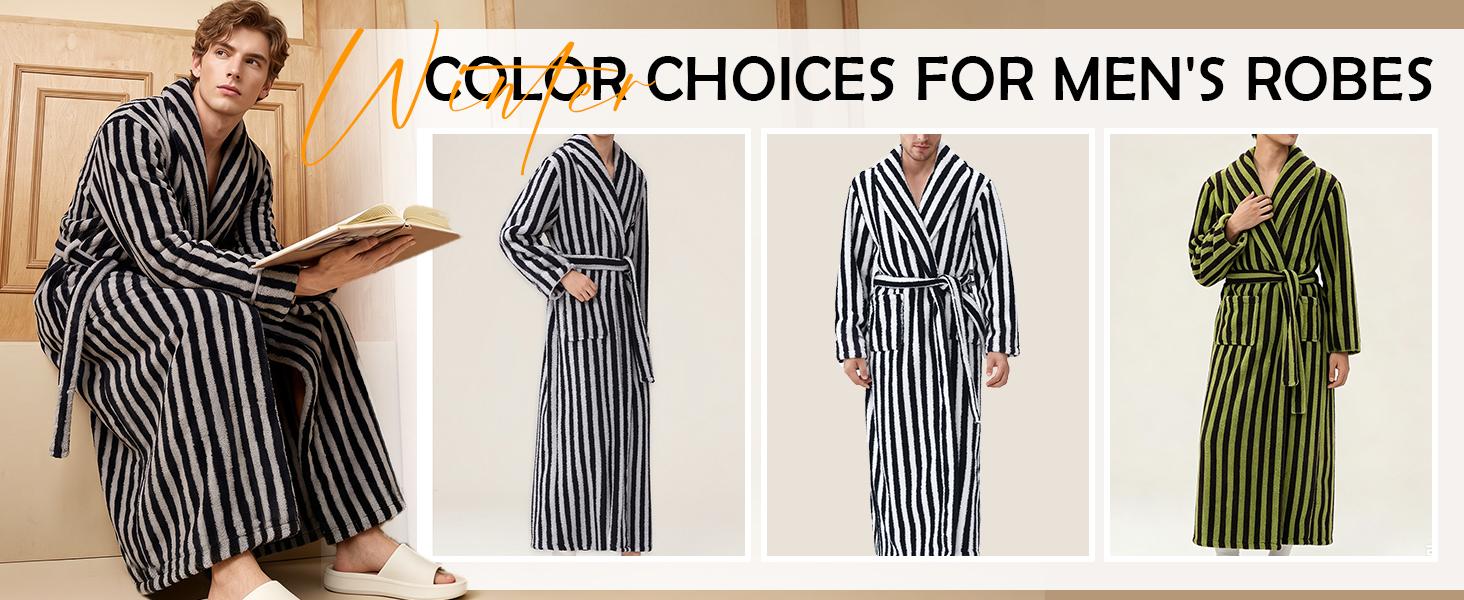 Gihuo Mens Unisex Fluffy Striped Robe Plush Bath Robe Winter Coral Fleece Fuzzy Bathrobe Long Belted Robe Sleeve Loungewear Menswear Nightwear Fabric Thick Fashion Loose