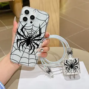 6 Piece Set Airbag Transparent Spider Web Phone Case, Charger Head Cover, Cable Protector, Storage Rope, Data Line Protection for iPhone