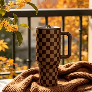HydroJug 40oz Brown Checkered Handle Tumbler Retro Premium Style Portable Large Capacity Leak-Proof for Car Office Use Insulated Mug Bottles
