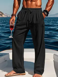Men's Casual Loose Fit Linen Trousers, Solid Color Relaxed Beach Pants for Everyday Wear
