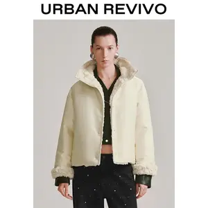 URBAN REVIVO Women's Faux Fur Trim Long-Sleeve Down Jacket - Stylish Lady Clothes, Elegant Day Outerwear, UWG150133