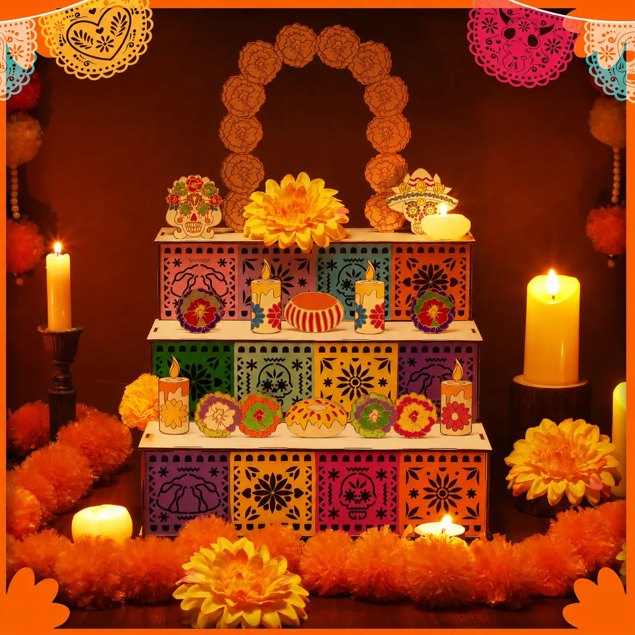 Mexican Day of the Dead Wooden Altar Display Set, 3-Tier Día de los Muertos Decor with Skull Marigold Candle Papel Picado Pieces