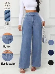 Women's Denim Jeans, Wide Leg Pants, Elastic Waist, starched jeans，Commuter Casual Elegant, All Seasons Wear, Loose Fit Ankle Length
