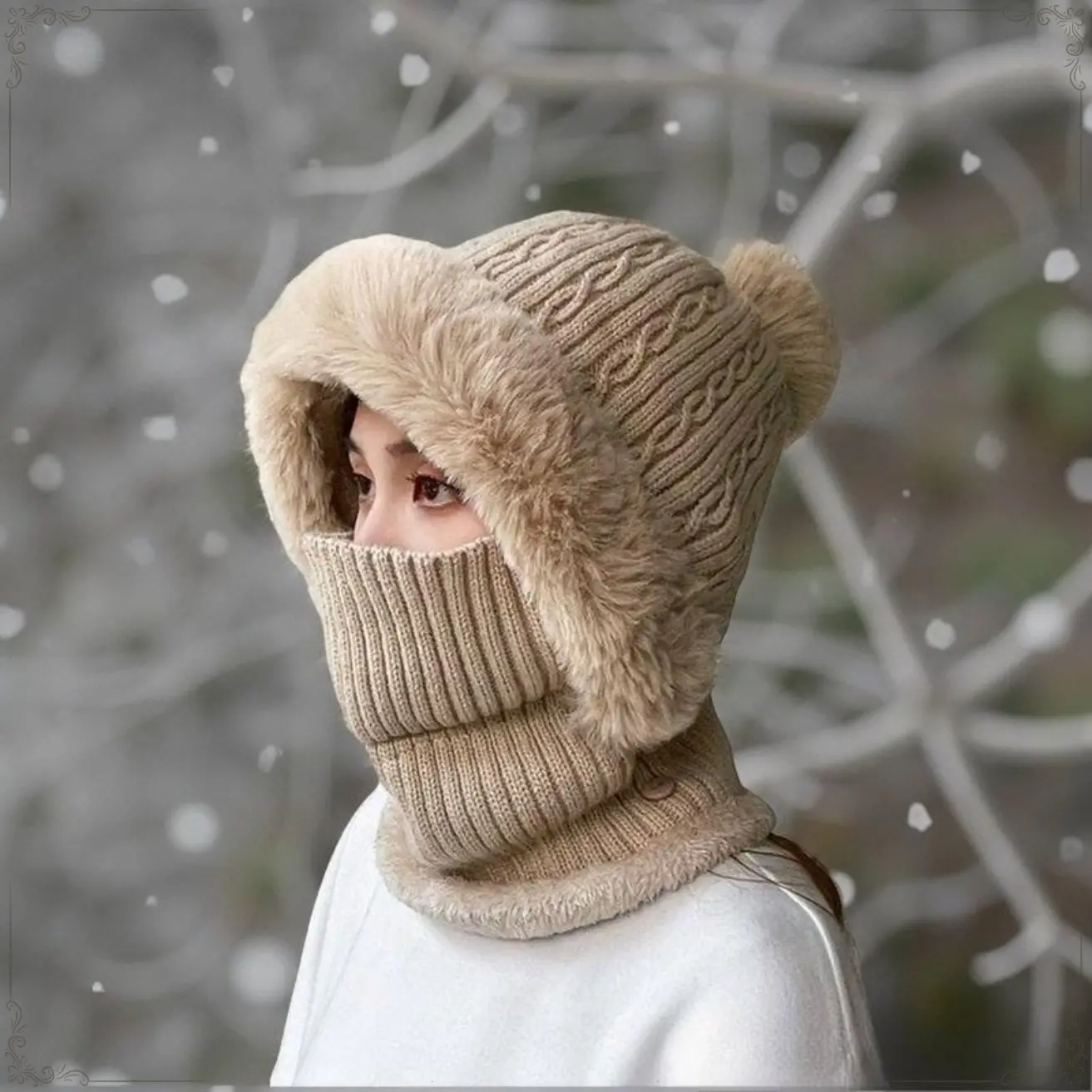 Women Balaclava One-Piece Skull Beanie Hat Neck Circle Scarf Ski Snow Winter Knit Fleece Cap Cold Weather
