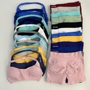 DFYNE Yoga Shorts Set Seamless Yoga Set Workout Scrunch Shorts Sets Halter Sports Bra Scrunch Shorts Fitness Clothes Gym Suit