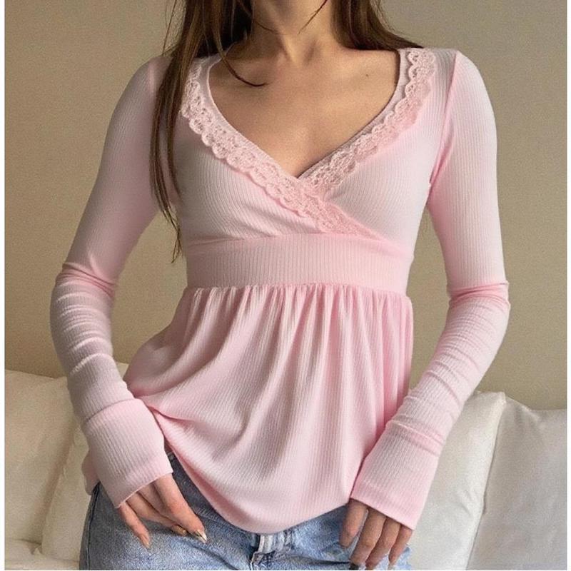 Women's Vintage Lace Trim V-Neck Long Sleeve Ribbed Peplum Top - Elegant Casual Babydoll Blouse
