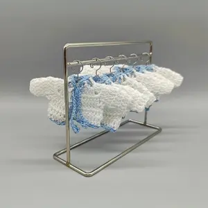 White Knit Crochet Mini Jackets with Baby Blue Accents and cute Drawstring Ties - Unique Baby Shower Favors - Set of 6