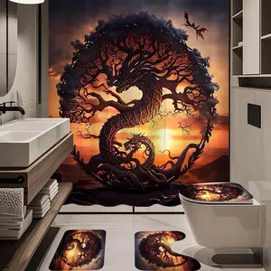 1/4pc uniquely shaped big tree pattern bathroom set, The 4-piece set includes a single shower curtain, anti slip floor mat, toilet U-shaped mat, toilet lid mat, with shower curtain hook, and belongs to bathroom decoration products