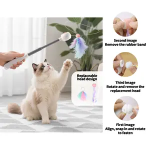 Semi-Automatic Retractable Teathered & Feathered Play Wand Cat Toys,  with 1 Replacement Head for Indoor Play & Exercise Interactive Smart Cat Toy Durable Bite-Resistant Scratching Training Tool; for All Breed Sizes, Cat surprise