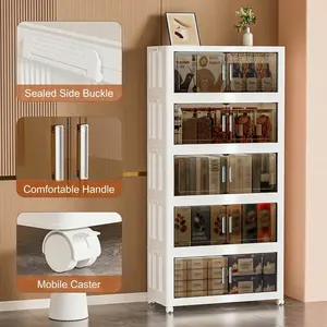 Naviconvex White Extra Large Foldable Storage Cabinet with Magnetic Doors & Wheels - 3/4/5-Tier Stackable Plastic Organizer for Storage Organization, 5-Shelf Cabinets, Adjustable, Collapsible, Compact Space-Saving Use in Kitchen & Bathro*om