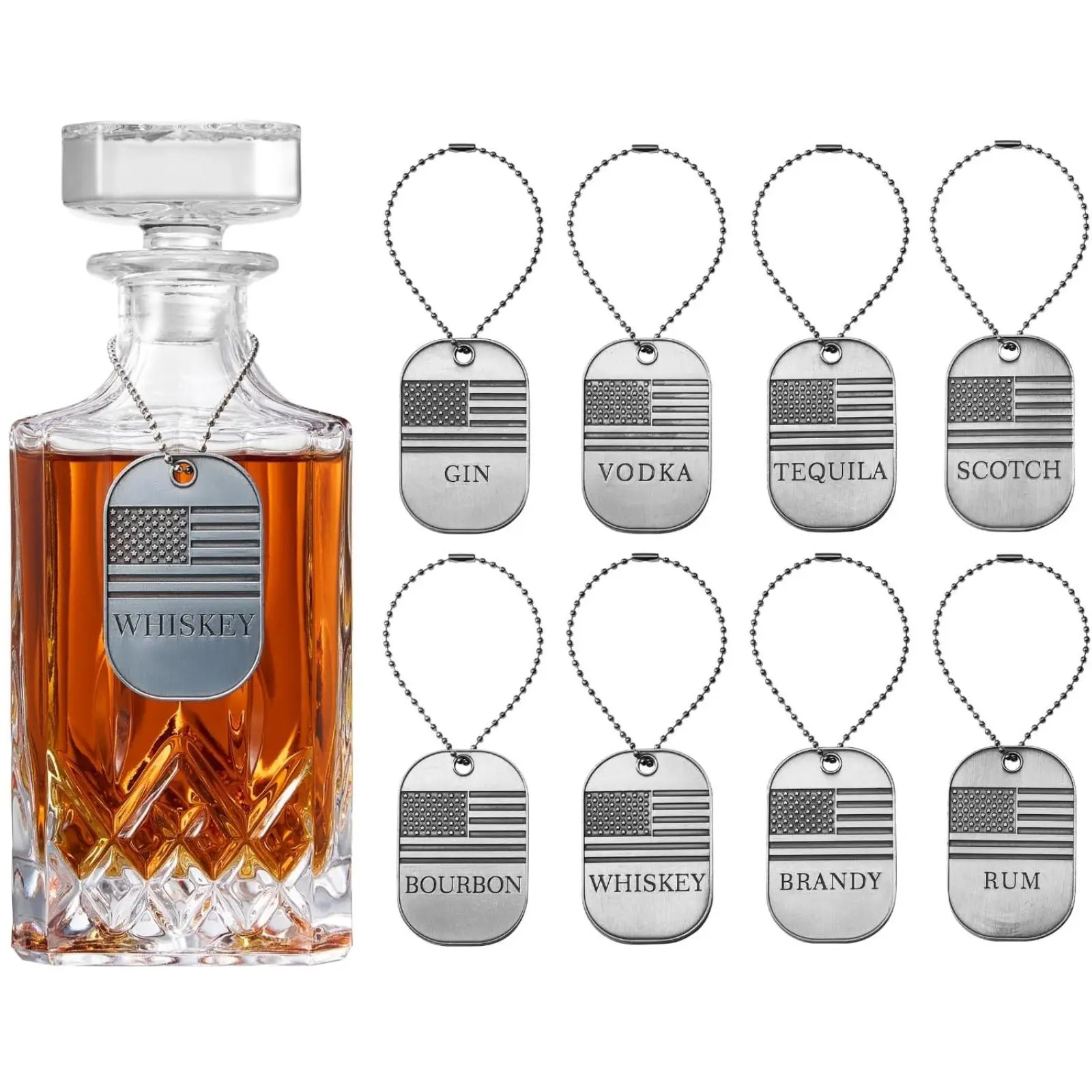 American Flag Decanter Tags Set of 8 - Metal Dog Tag Liquor Labels for Whiskey, Bourbon, Scotch, Vodka, Gin, Tequila, Rum, Brandy, Patriotic Bar Cart Accessories & Military Gift for Men, Birthday Dad