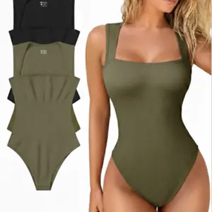 OYV Women's One Piece Bodysuit, Sexy Ribbed Jumpsuit with Square Neck and Short Sleeves