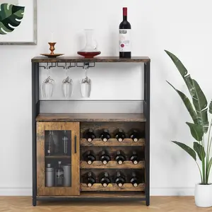 3-Tier Wine Bar Cabinet with Detachable Wine Rack and Drawer, Industrial Sideboard and Buffet Cabinet with Glass Holder and Mesh Door, Brown