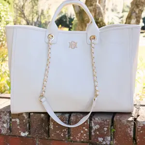 Melissa Cream Tote Bag with Chain Strap and Gold Hardware by Caroline Hill