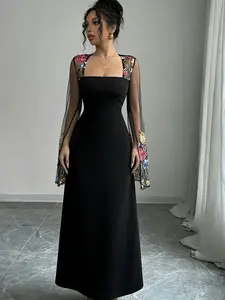 A women's black stylish elegant new square neck embroidered mesh long sleeve dress, suitable for summer, suitable for evening parties, weddings, and balls