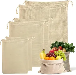 6 Pack Reusable Produce Bags, Cotton Mesh Produce Bags (2L+2M+2S), Double-Stitched with Tare Weight, Eco-Friendly Washable Drawstring Bags for Grocery Shopping, Vegetables, Fruits & Bulk Food Storage