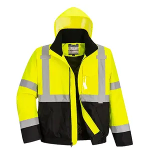 Portwest Safety Bomber Jacket High Visibility Waterproof Rain Jacket with Concealed Drawstring Hood, Cell Phone Pocket, and Mic Tabs