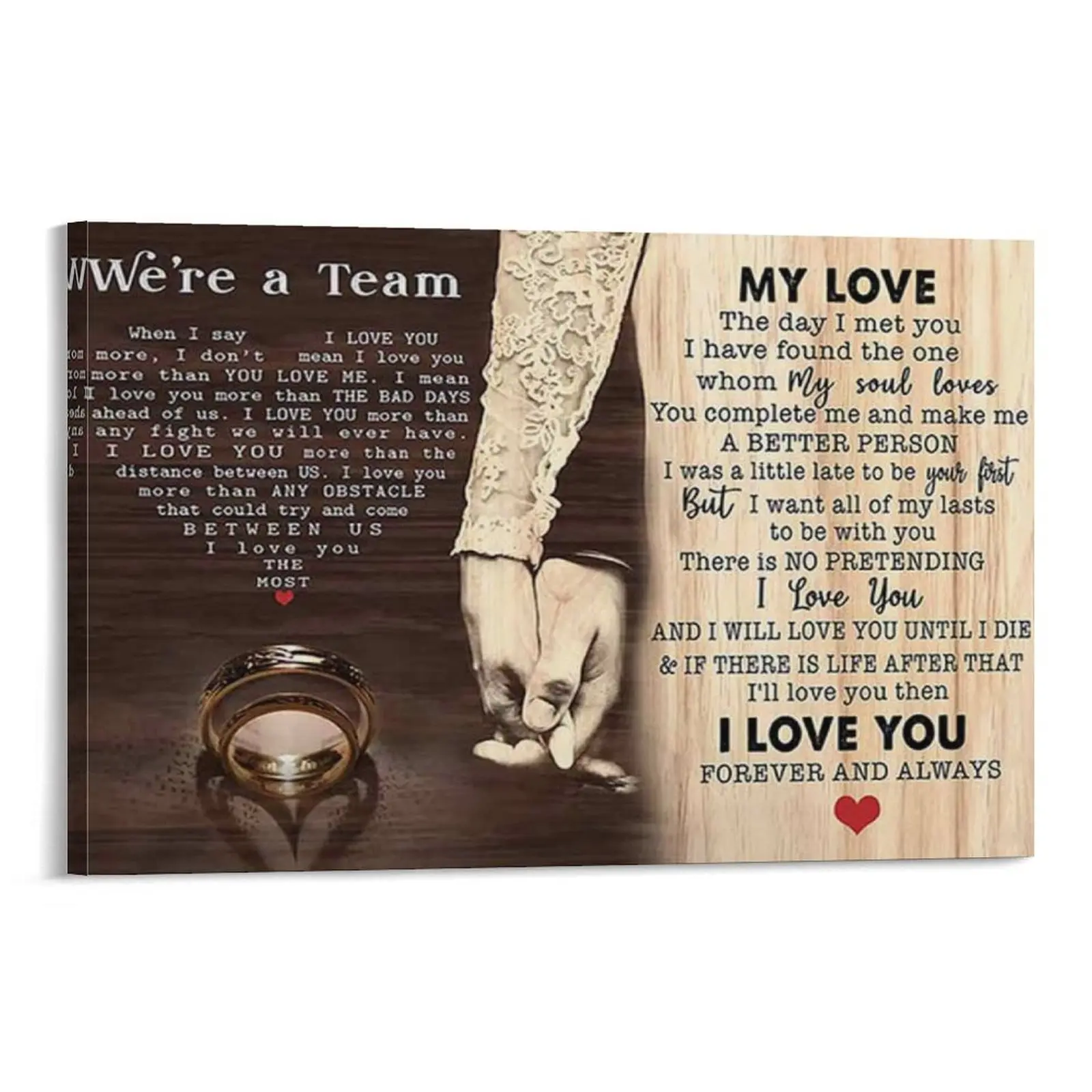 " We're A Team" Artistic Heart Plaid Glamorous Vintage Rustic Wood Couple Canvas Wall Art Print, Husband-Wife Valentine's Day Wedding Anniversary Gift, Bedroom Home Decor