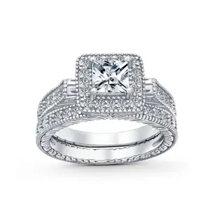Art Deco Style Cubic Zirconia Halo CZ Princess Cut Solitaire Engagement Ring Band Set Sterling Silver