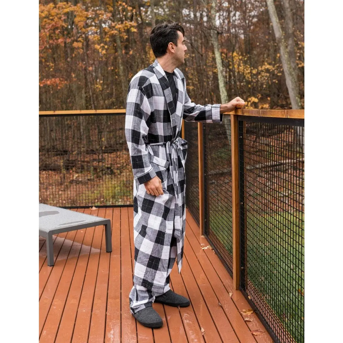 Mens Black & White Plaid Flannel Robe