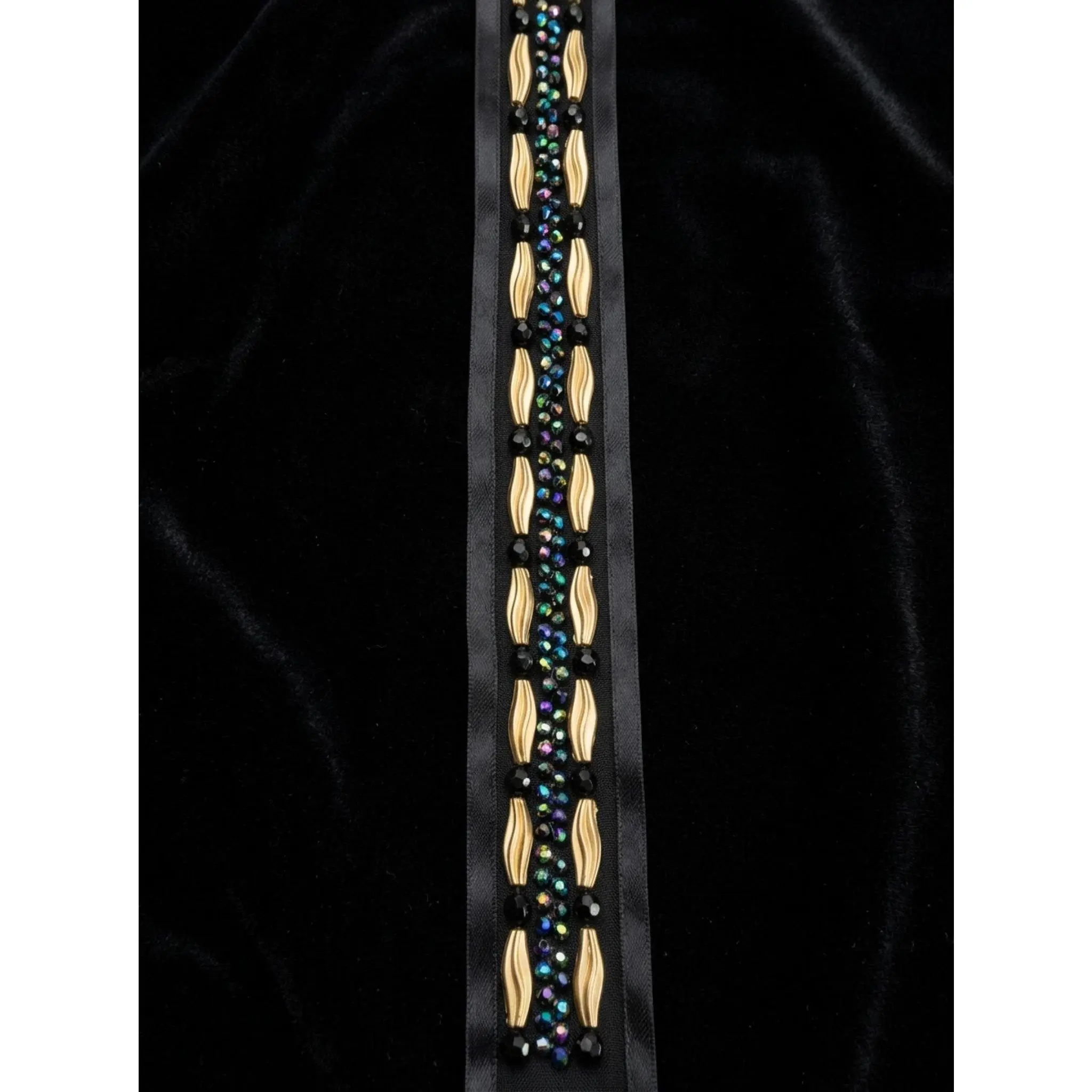 Black Gold Beaded Trim – Iridescent Rhinestone Designer Trim – Luxury Statement Ribbon Trim – Sew On or Self Adhesive – Evening DIY