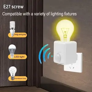 Zero-Wiring E27/E26 Motion Sensor Light Socket EU Plug Adapter Wireless Auto On/Off Infrared Wall Lamp Holder 120° Smart Induction 20s Delay Off No Needed Safe Night Light for Elderly Kids Hallway Garage Stairs Basement LED Bulb Compatible