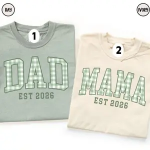 Comfort Colors Checkered Mama Dad Shirts, Matching Gingham Mom Dad T-Shirts, Custom Pregnancy Announcement Tee
