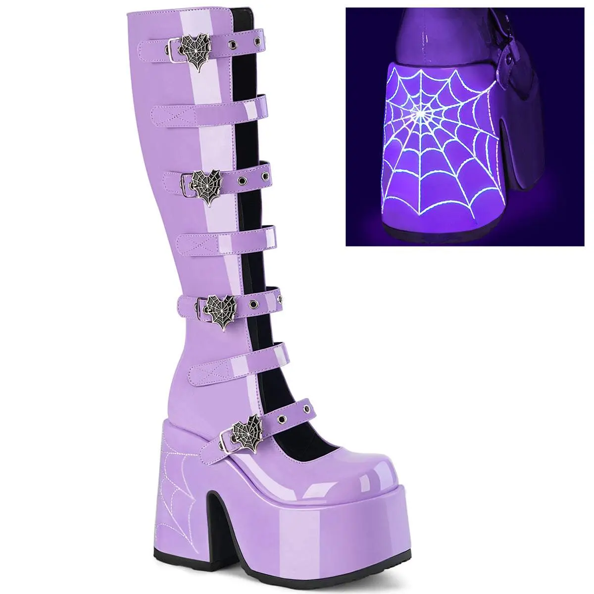 Women's Cuban Heel Round Toe Open Front Knee High Boot Camel-223 with Alternating Eyeleted Heart Spider Wb Buckle Strap & Hook-n-Loop Strap Closures & Embroidered Spider Web Detail