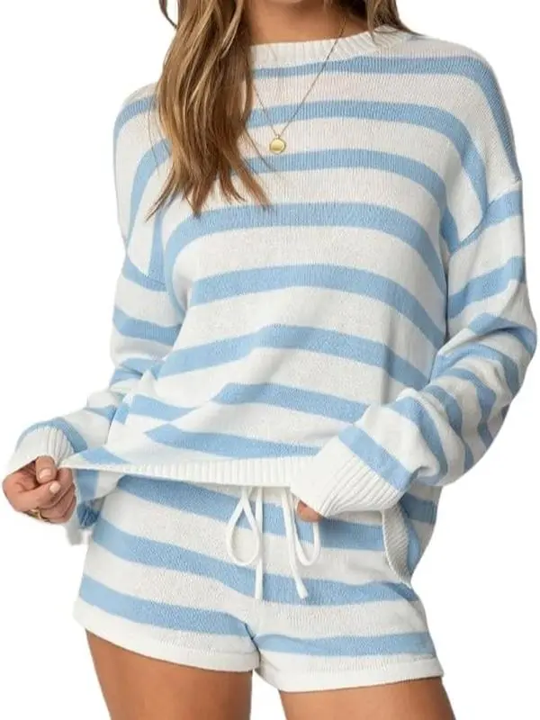 JointlyCreating Women Striped Knit Sweater Set 2 Piece Outfit Oversized Long Sleeve Sweater and Shorts Matching Lounge Sets
