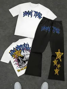 Y2K Cybercore Streetwear Set: Oversized Skull Graphic Heavyweight Tee & Gothic Star Print Flare Sweatpants for Men/Women | Grunge Aesthetic Retro Hip-Hop Matching Outfit