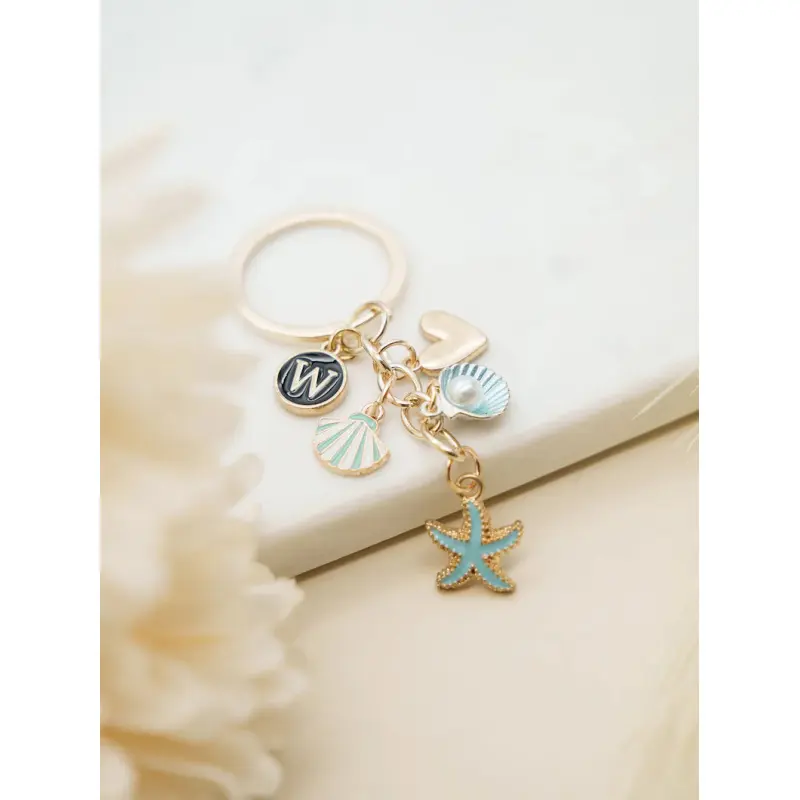 Women's Aesthetic Gold-Toned Beach Keychain - Starfish, Shell, Heart, Pearl Charms, Customizable Initial Pendant, Casual Bag & Wallet Accessory, Birthday Gift Idea