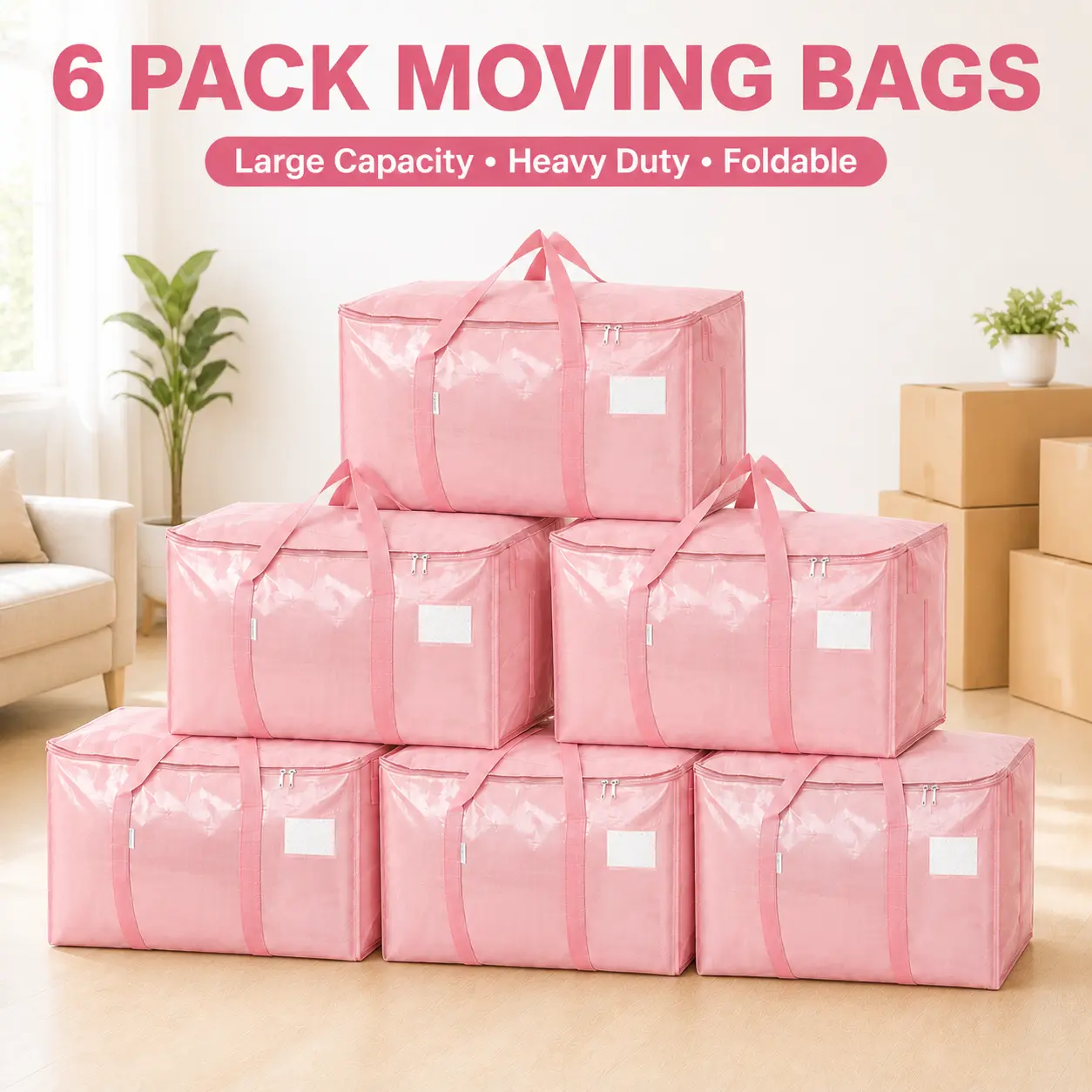 Extra Large Storage Totes for Moving with Reinforced Handles, Zippered Closure and Label Pocket, Reusable Foldable Bags for Clothes, Blankets, Bedding, Books, Toys and College Dorm Move In