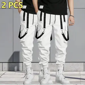 Men’s white streetwear cargo pants—functional design with ribbon details, tapered cuffs, a loose fit, and multiple pockets; versatile casual athletic cargo pants suitable for trendy outfits, everyday outings, and home leisure.
