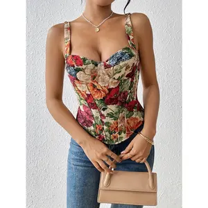 Party Outfits Wear Elegant Retro Fashionable Drawstring Flower Print Fish Bone Steel Ring Top Corset Suspender Vest UU7418268 - Womenswear, Fabric