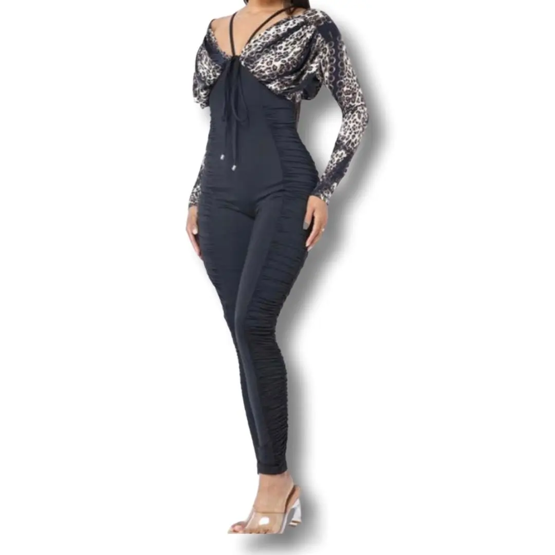 Fierce Black Animal Print Jumpsuit - Sleek Black Design with Leopard Sleeves Flattering Fit & All-Day Comfort Women's Chic Evening Piece