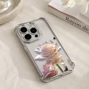 Crystal Clear Rose Phone Case for 17 16 15 Plus 14 13 12 11 Pro Max Premium Slim Shockproof Four-corner Airbag Electroplating Cover For Girls.