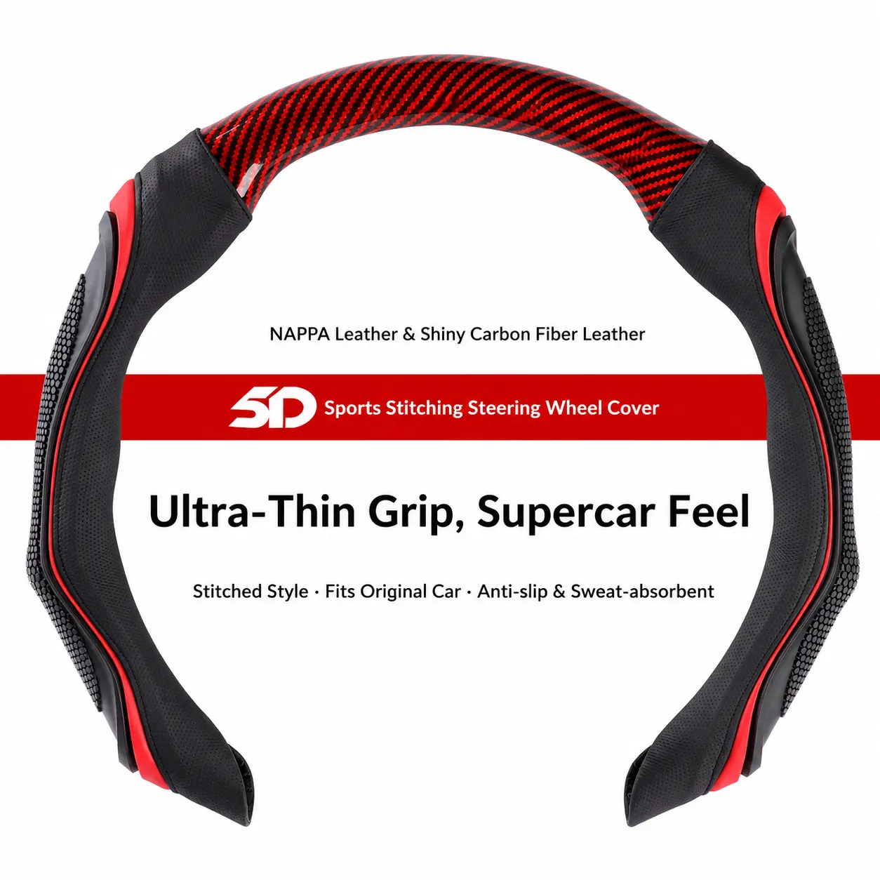 Universal Steering Wheel Cover, Carbon Fiber & Nappa Leather, Sporty Car Interior Accessory