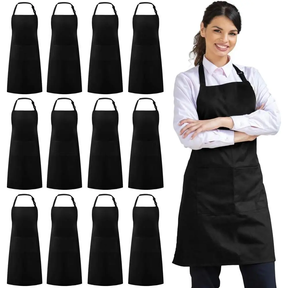 12 Pack Bib Apron, Unisex Aprons Adjustable  Resistant with 2 Pockets Cooking Kitchen Apron for Chef, BBQ Drawing Apron Bulk, Black