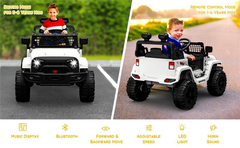 GARVEE 12V Ride-On Truck Car with Remote Control, Spring Suspension, LED Lights, Bluetooth, and Dual Speed Options - Available in Blue and Black for Young Drivers