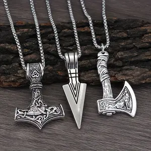3 Piece Viking Men's Necklace Set, Norse Compass Celtic Knot Wolf Axe Pendant, Nordic Amulet Jewelry Gift for Father's Day