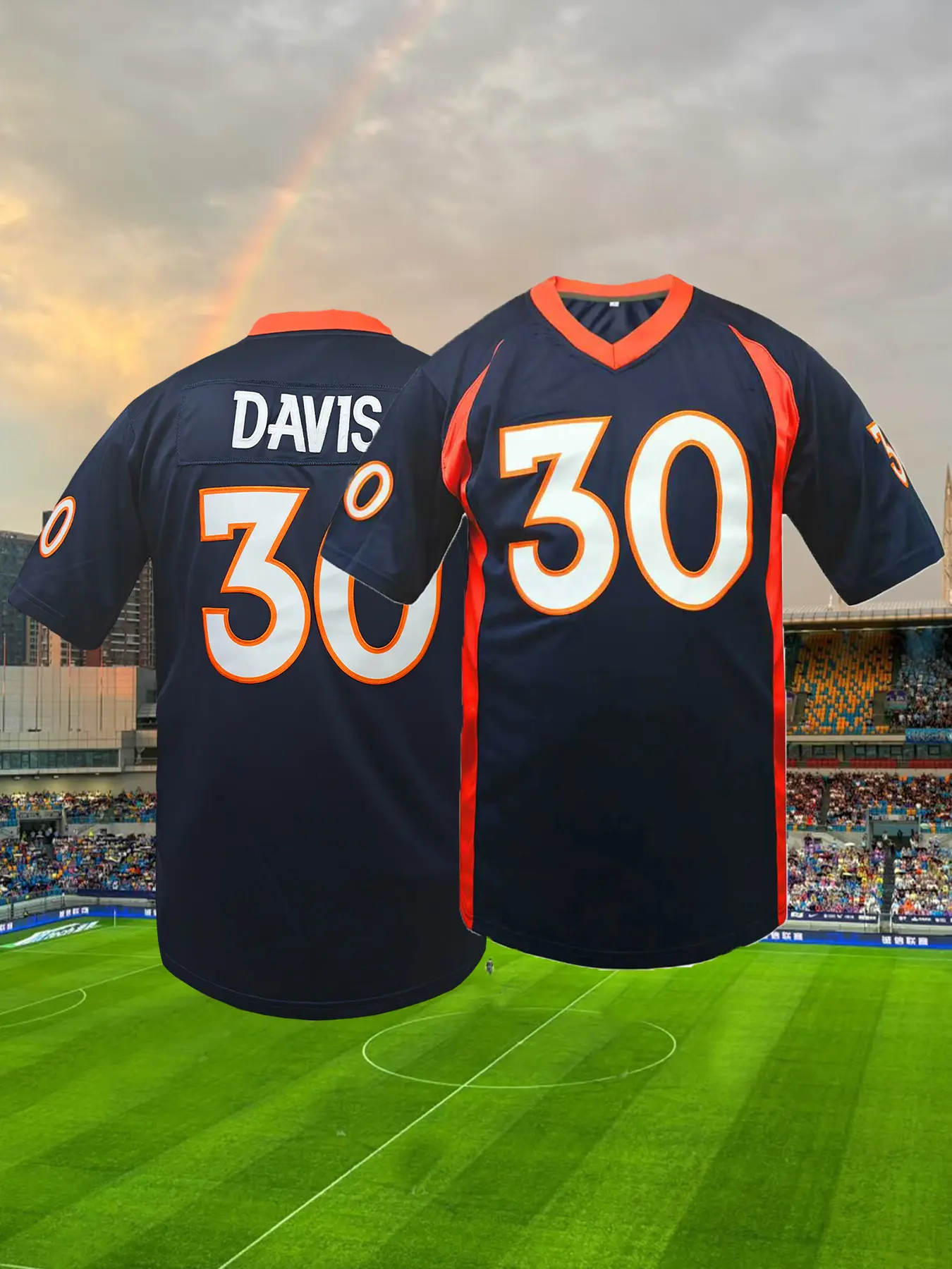 Men's Embroidered American Football Jersey, Broncos #30 Rugby Jersey, V-Neck Short Sleeved Shirt Party Game Training Competition Sports Top Football Shirts, Casual Sports Top, Short Football Jerseys