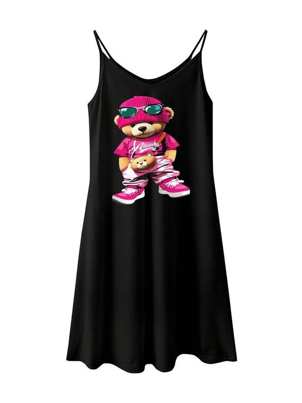 Women's Black Spaghetti-Strap Cami Mini Dress - Pink Cool Teddy Bear Graphic, Y2K TikTok Viral, Thin Lightweight Breathable Loose Swing Fit, Sohochic Minimalist Hip Hop Streetwear for Daily Evening Beach
