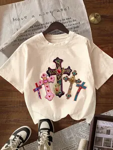 Women's Milk Silk Fabric Breathable Comfortable Fitted T-Shirt, Short Sleeve Cross Pattern, Casual Everyday Streetwear Fashion Youth Trend