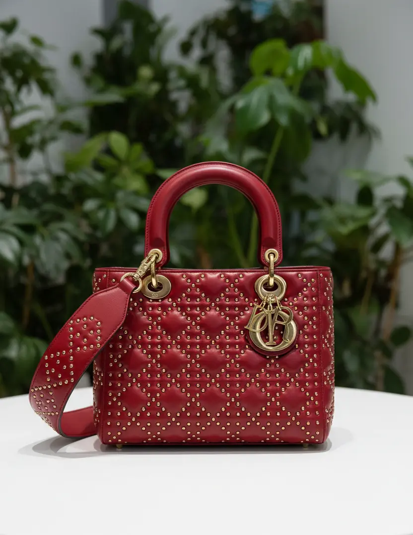 Pre-owned Dior Leather Shoulder Bags Vintage Red Cannage Studded Medium Lady Dior