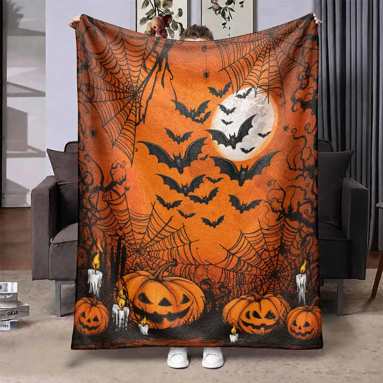 Suitable for bed. sofa. camping. cold movie theater or travel! Perfect gift for your family and friends. Halloween Flannel Blanket. Bats Moon and Pumpkin Print. Soft Cozy Lightweight Plush Throw Blanket. Suitable for Home Bedroom and Living Room.